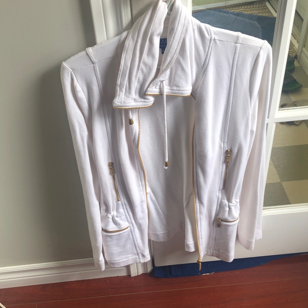 White and Gold Utility Jacket with Stand-Up Collar